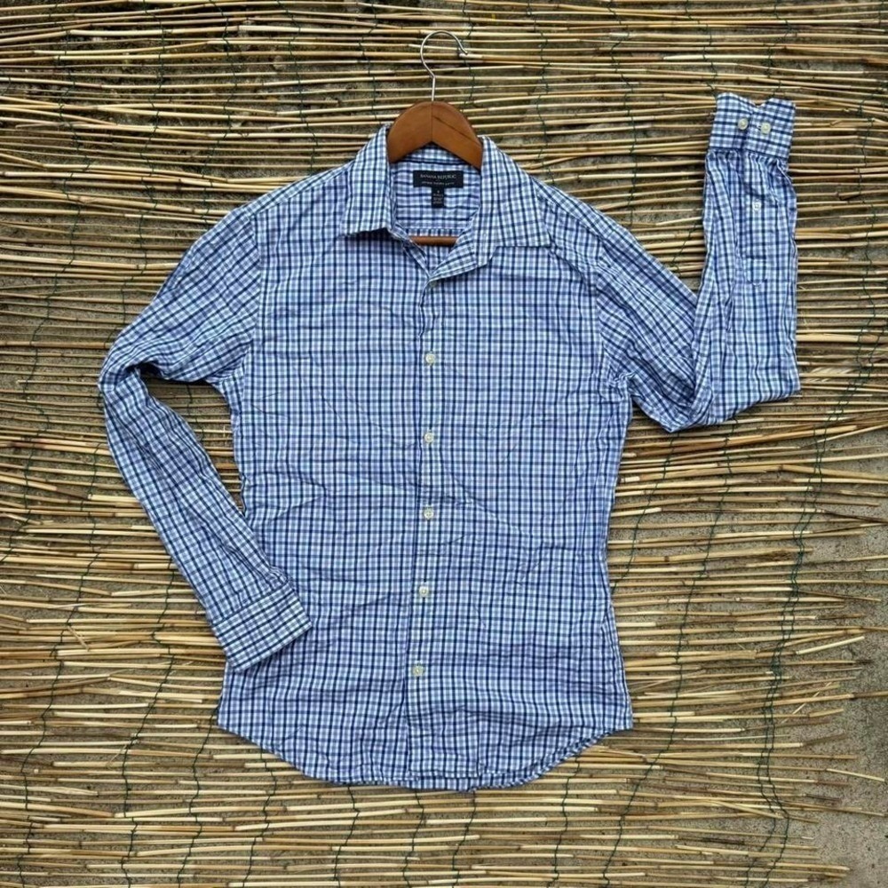 Banana‎ Republic Slim Fit Blue White Gingham Check Long Sleeve Shirt Small